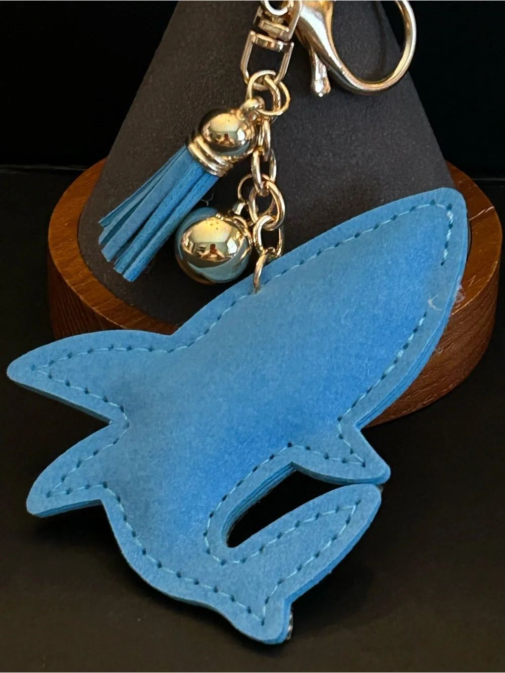 PREMIUM Puffy Blue Crystal Shark Keychain Bag Charm w/ Gold Hardware & Tassel